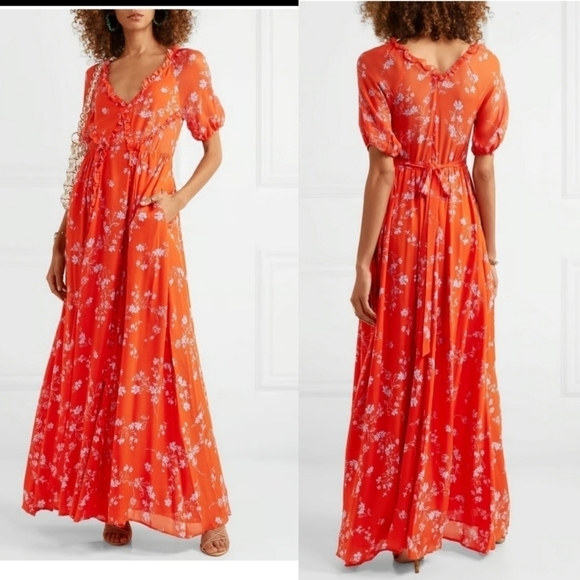 Nicholas The Back Ruffle Floral-print Silk-chiffon Puff Sleeved Maxi Dress 6 - Picture 1 of 11